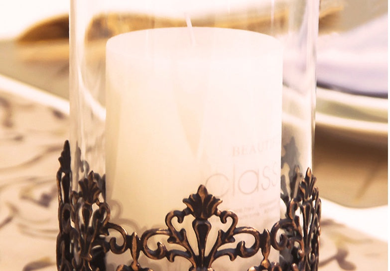 Vintage-style Metal and Glass Candle Holder- Iron Scrollwork/Birds Design