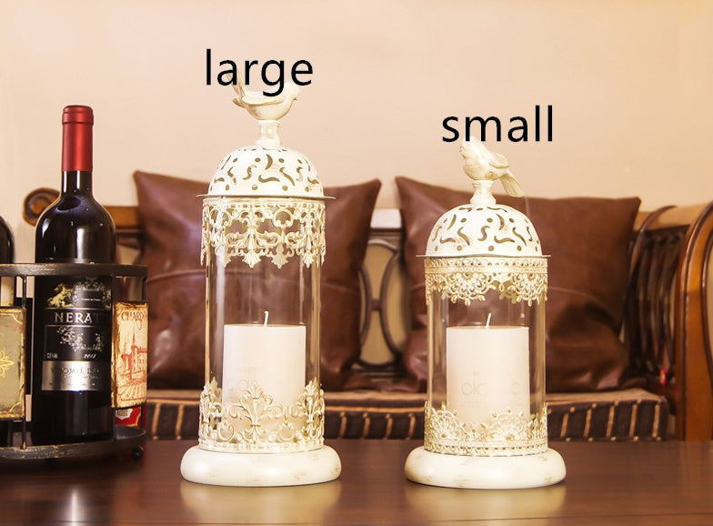 Vintage-style Metal and Glass Candle Holder- Iron Scrollwork/Birds Design