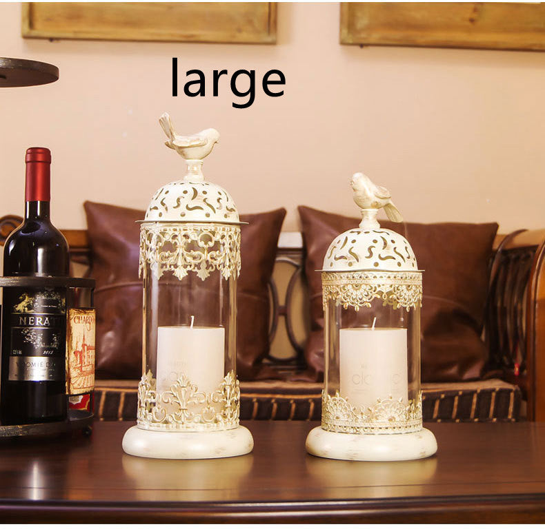 Vintage-style Metal and Glass Candle Holder- Iron Scrollwork/Birds Design