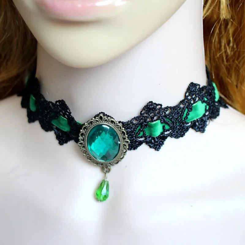 Victorian Black Lace Crystal Jewel Necklace-Choker, Steampunk-Gothic, Costume