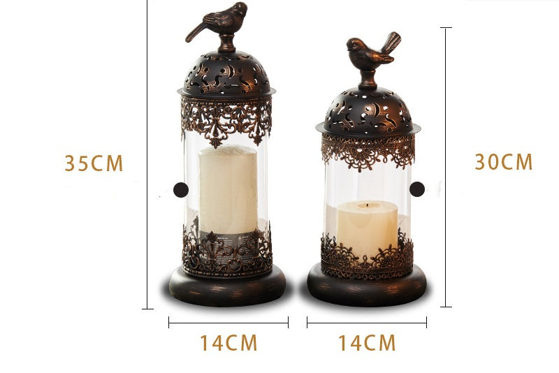 Vintage-style Metal and Glass Candle Holder- Iron Scrollwork/Birds Design