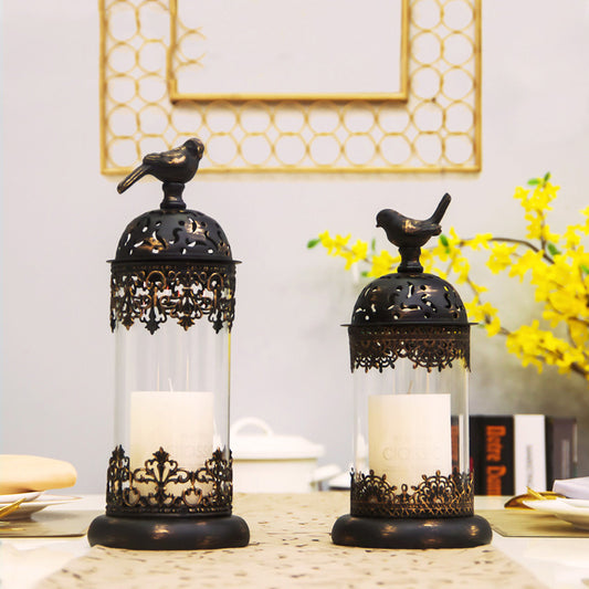 Vintage-style Metal and Glass Candle Holder- Iron Scrollwork/Birds Design