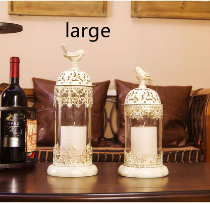 Vintage-style Metal and Glass Candle Holder- Iron Scrollwork/Birds Design