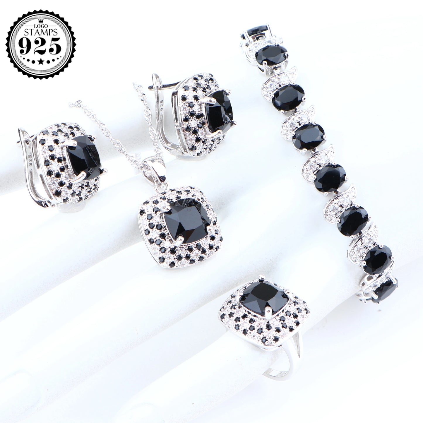 Elegant Silver 925 Jewelry Set with Black Zirconia
