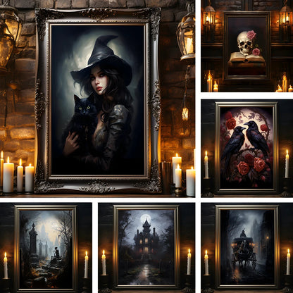 Retro Spooky Haunted Mansion Print, Canvas Painting, Halloween-Victorian Home Decor