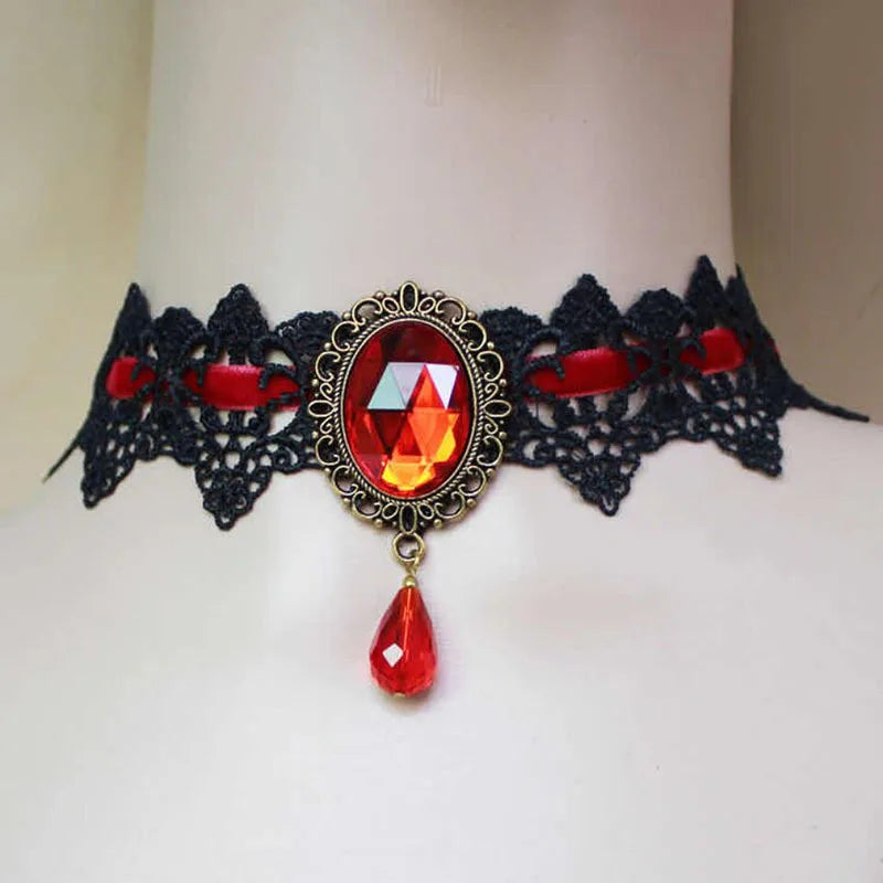 Victorian Black Lace Crystal Jewel Necklace-Choker, Steampunk-Gothic, Costume