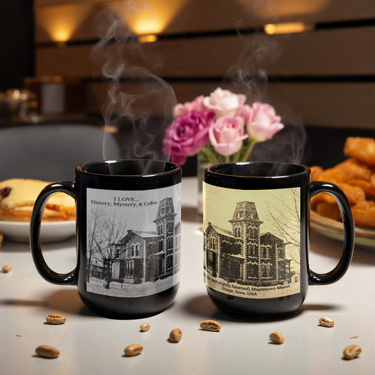 Ceramic Mug, 'I Love History, Mystery, & Coffee'. Historic Mapletown Manor Sepia Images
