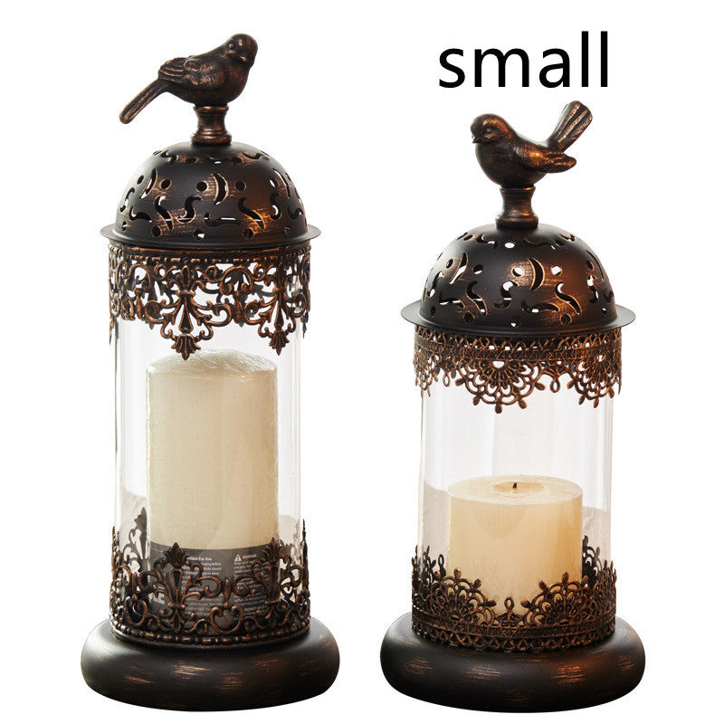 Vintage-style Metal and Glass Candle Holder- Iron Scrollwork/Birds Design