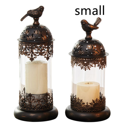 Vintage-style Metal and Glass Candle Holder- Iron Scrollwork/Birds Design