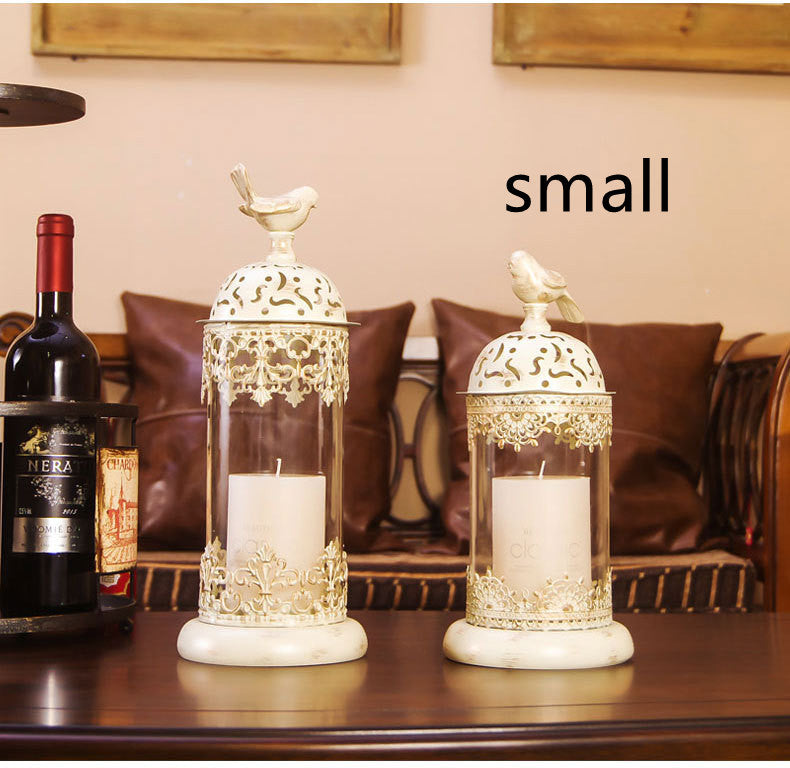 Vintage-style Metal and Glass Candle Holder- Iron Scrollwork/Birds Design